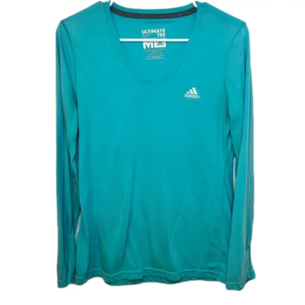Adidas Woman's Size M Turquoise Long Sleeve Ultimate Tee Workout V-Neck